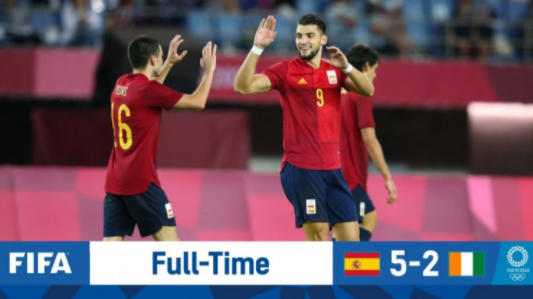 奧運男足-西班牙5-2戰勝科特迪瓦晉級四強補時絕平+加時連入三球逆轉